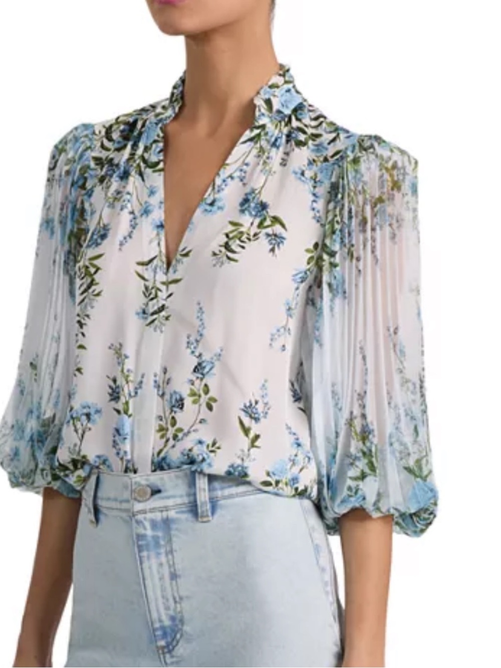 Alice + Olivia White Floral Ruffle V-Neck Blouse with Blue and Green Print
